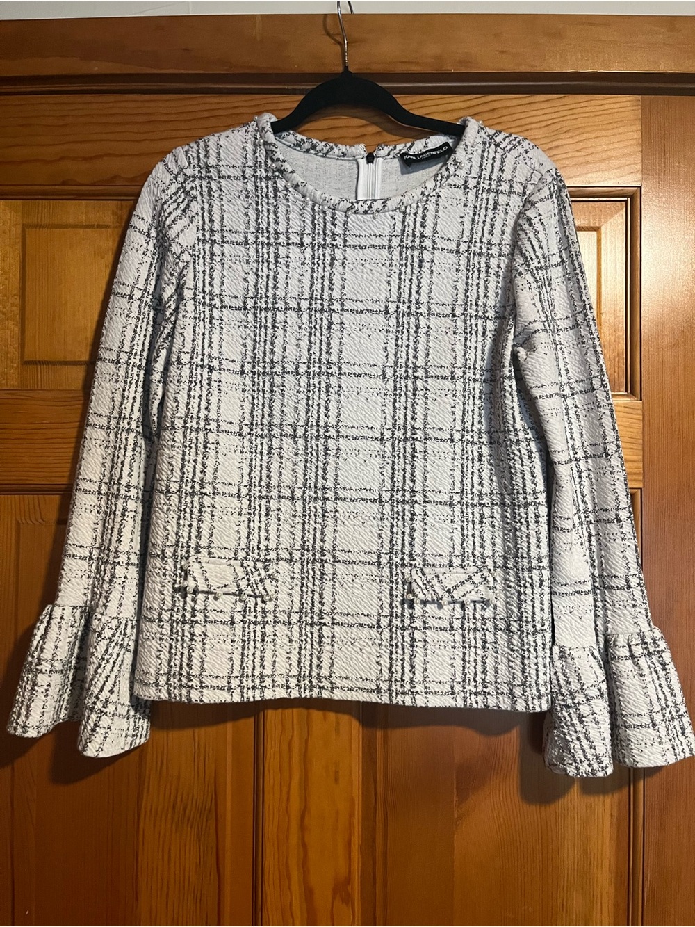 Karl Lagerfeld Black and White Plaid Ruffle-Cuff Long Sleeve Top